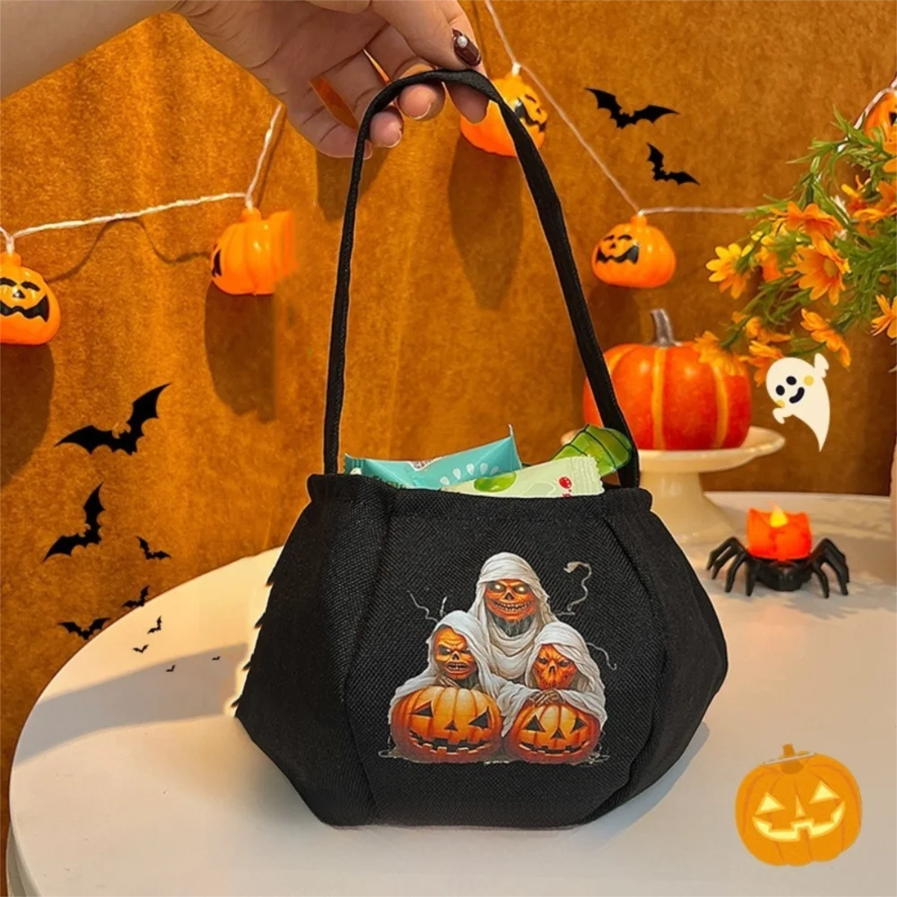

Portable Funny Halloween Candy Bag Storage Bucket Nylon Trick or Treat Bag Gifts Pouch Printing Pumpkin Handbag Children