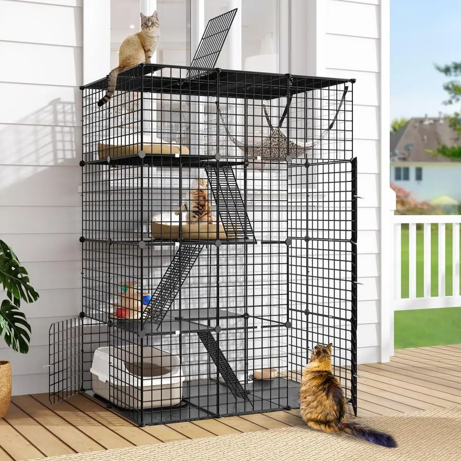 

4 Tier Large Cat Cage Indoor Kitten Enclosure DIY Playpen Catio with Large Hammock for 13 Cats