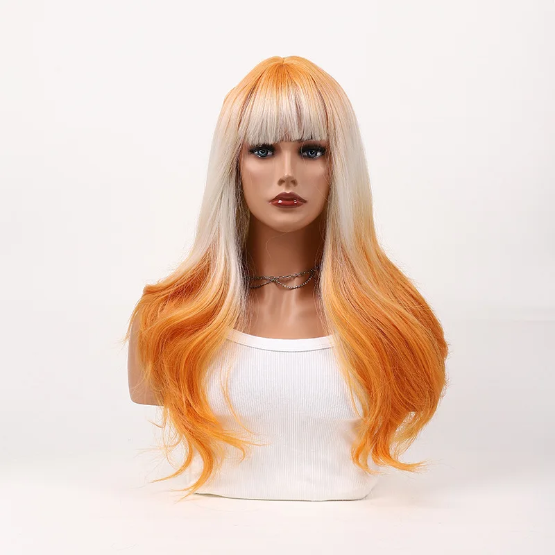 

European and American wig for women with long curly hair, fluffy and slightly curly, full head set, neat bangs, fluffy