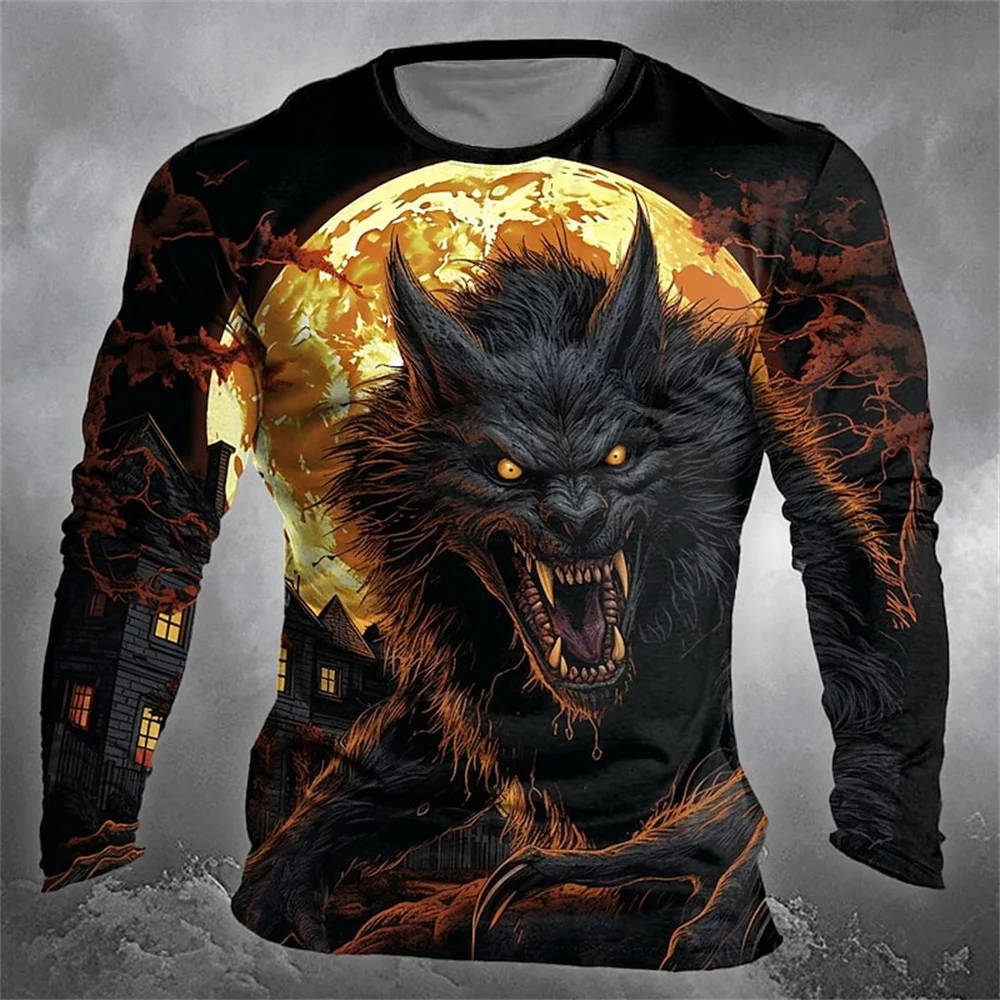 

Werewolf Designer Retro Vintage Men_s 3D Print T shirt Tee Street Casual Daily Halloween T shirt Black Long Sleeve Crew Neck