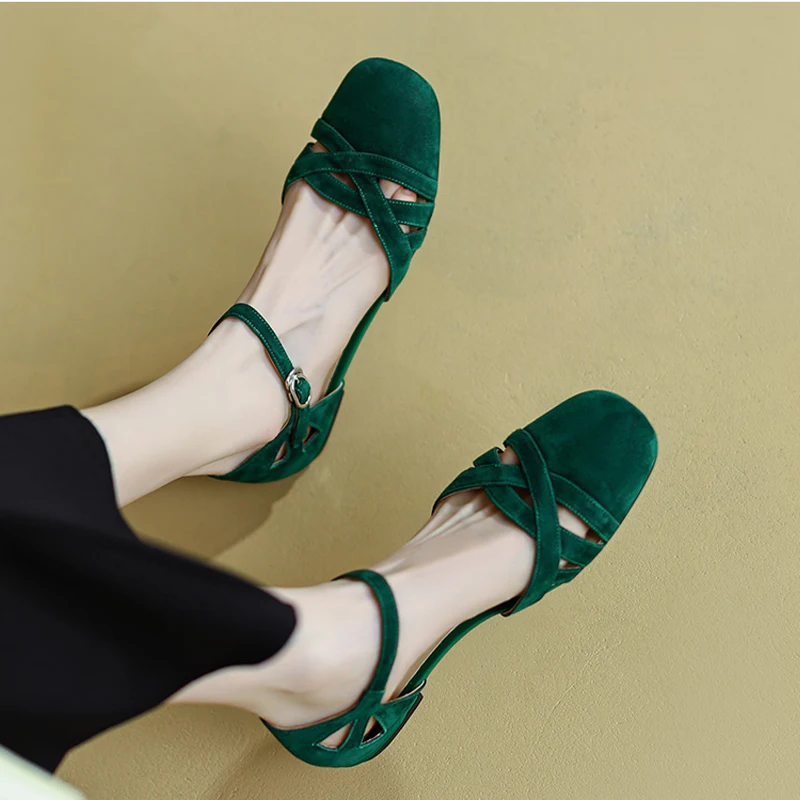 Vintage Green Suede Sandals Women Retro Low Heel Buckle Strap Sandalias 2022 Summer New Ladies Flat Hollow Out Fisherman Shoes