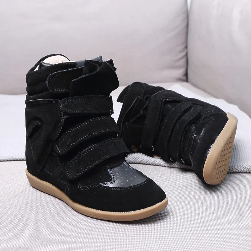 Women's Shoes Sneakers Invisible Inner Height-Increasing Wedge Heel Sports Leisure Shoes Genuine Leather High-Top Shoes Velcro