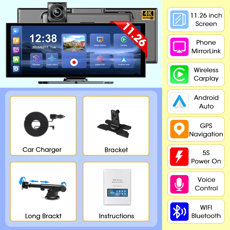 Develuck NIEUWE 11.26 inch 4K DVR Draadloze CarPlay en Android Auto Draagbare Dash Cam Auto Scherm Video Recorder 5G WIFI Navigatie
