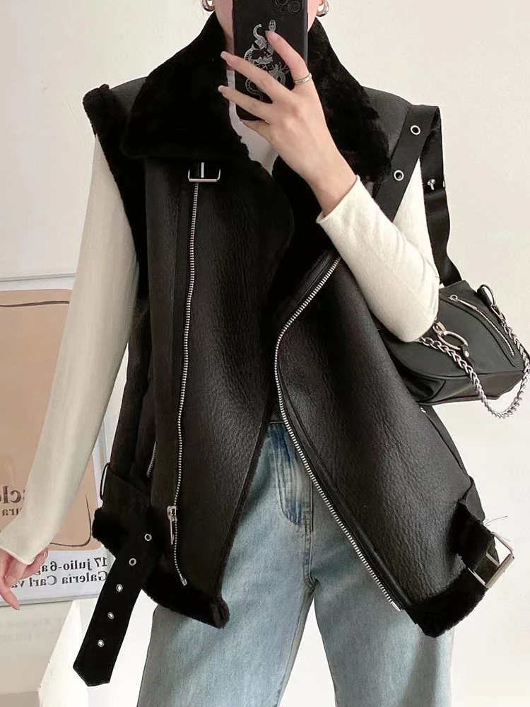 Ailegogo Autumn Winter Women Loose Thick Warm Faux Leather Fur Vest with Belt Streetwear Female Moto Biker Sleeveless Waistcoat