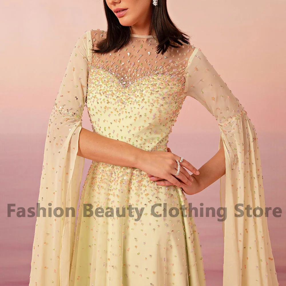 Exquisite Chiffon فساتين الحفلات Crew-Neck Draped With Beading Back Zipper Elegant Women\'s Sweep Train Robes De Soirees Dubai