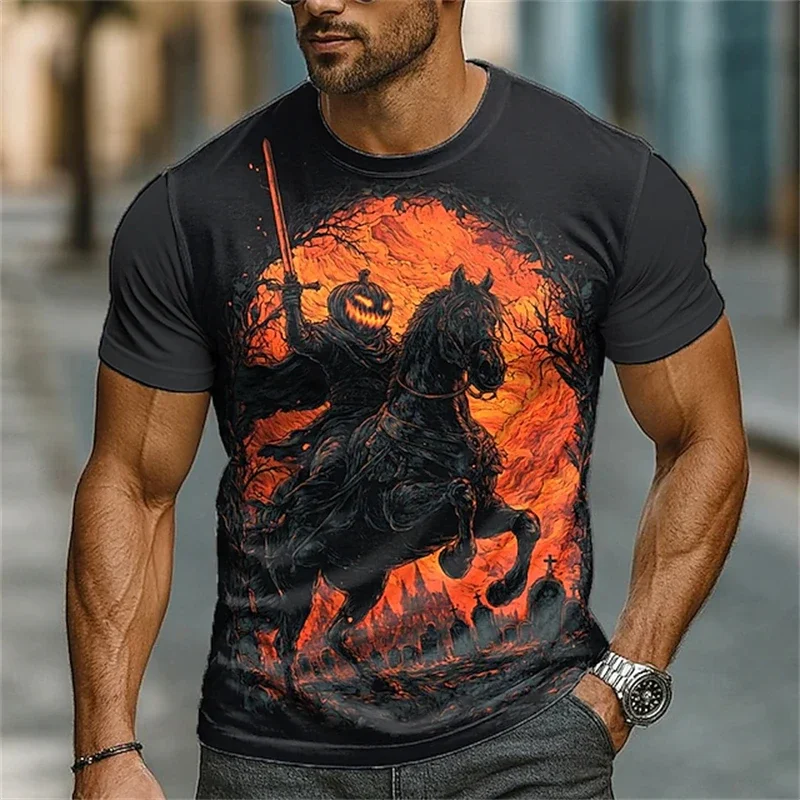 Herren-T-Shirt – 3D-Muster „Kürbis-Kopfloser Ritter“ – Lockeres und schnelltrocknendes Streetwear-Oberteil mit Rundhalsausschnitt für den Sommer