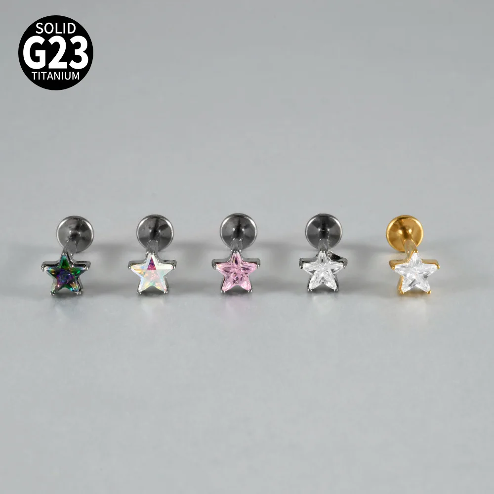 G23 Titanium Alloy Five-star Internal Thread Lip Stud Multi-color Zircon T-shaped Earbone Stud Earring Body Puncture Jewelry