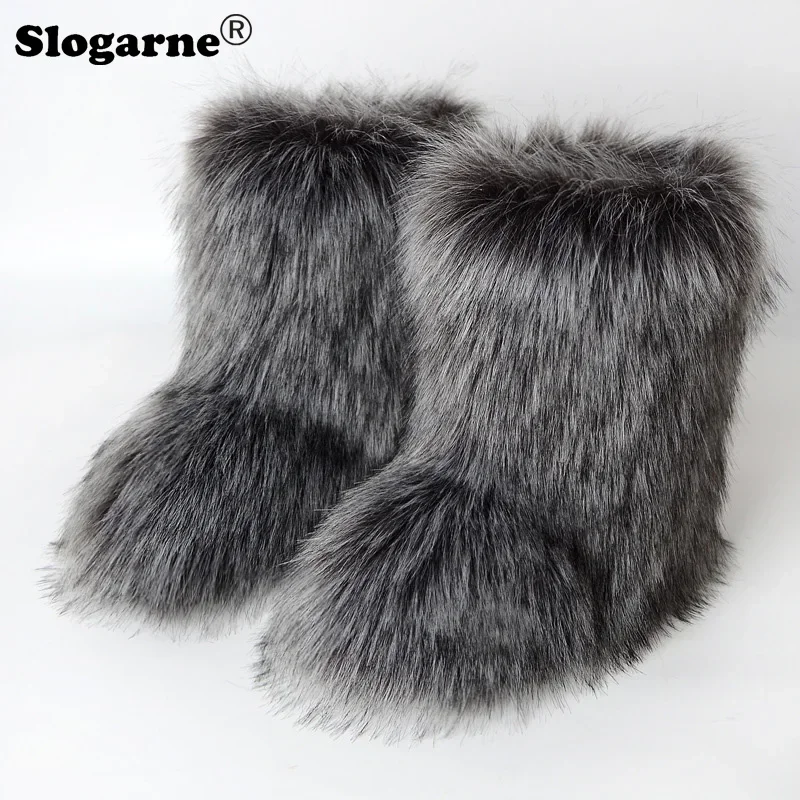 2024 New Winter Faux Fur Boots Women Warm Fluffy Snow Boots Luxury Footwear Female Furry Fox Fur Bottes Fashion Winter Shoes