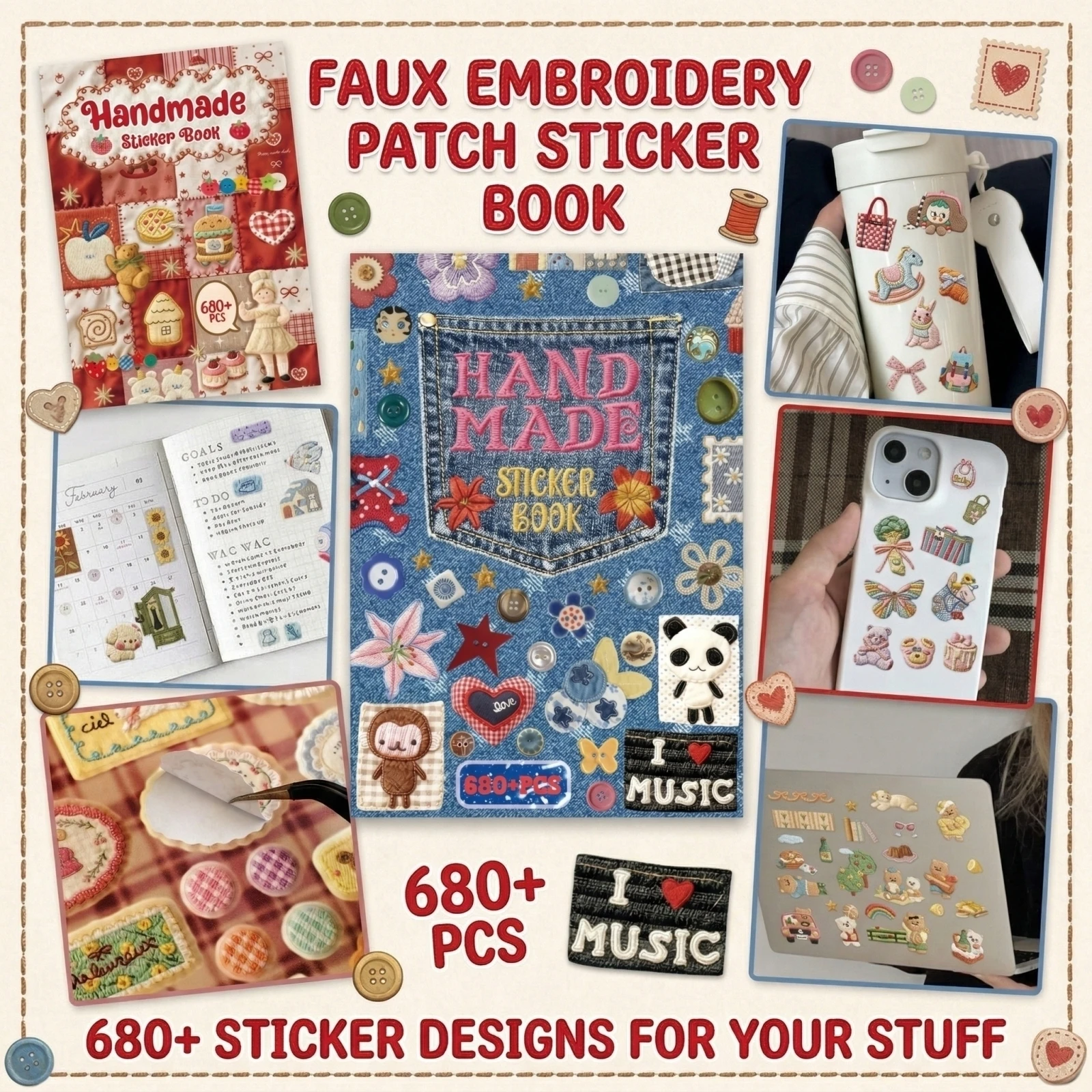 

Imitation Embroidery Sticker Book, Reusable DIY Decorative Stickers for Crafts Scrapbooking