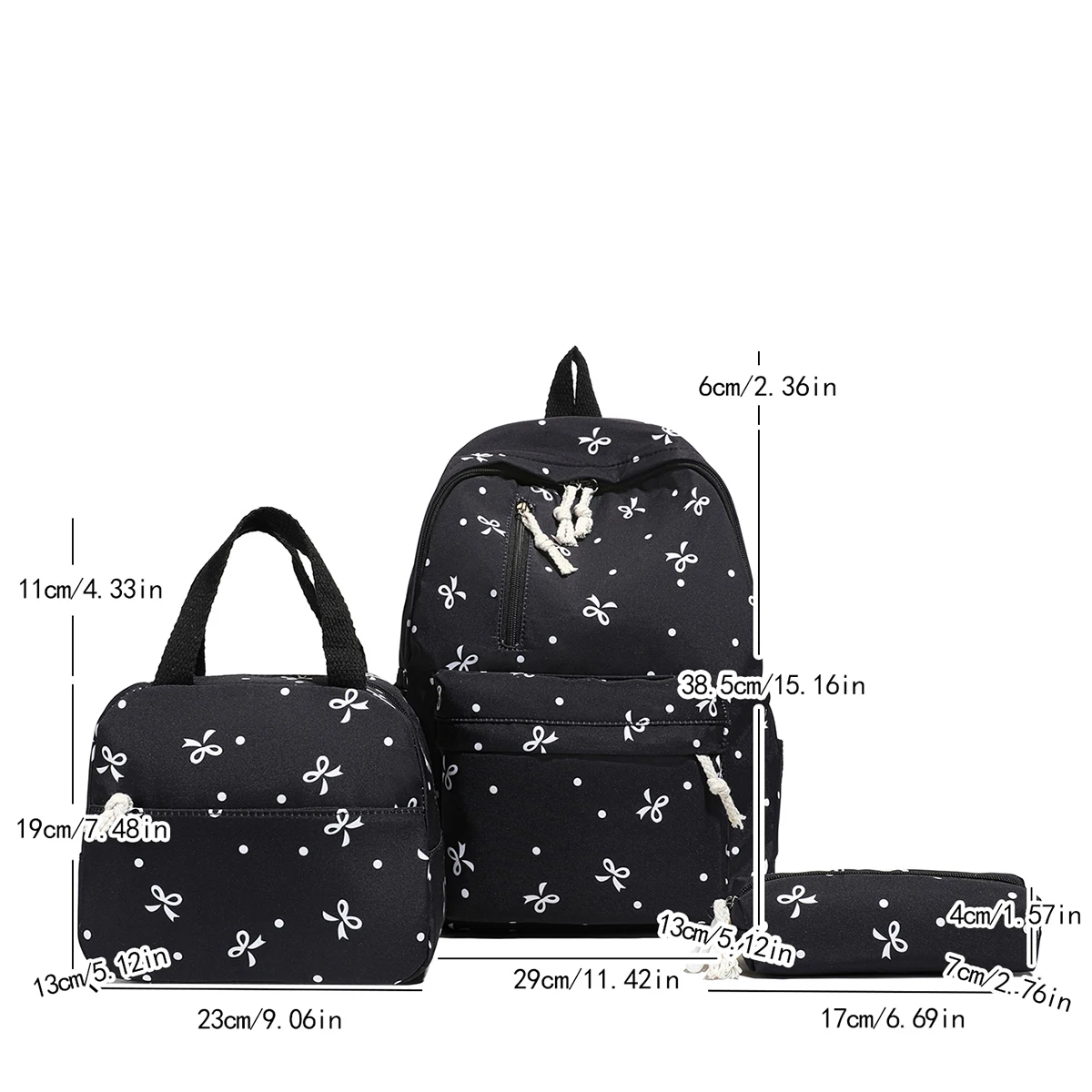 مجموعة مكونة من 3 قطع مطبوعة على شكل فيونكة مرحة: حقيبة ظهر مبطنة وحقيبة مقلمة متعددة الجيوب وحزام قابل للتعديل لحياة الطلاب للاستخدام اليومي/المدرسة #2