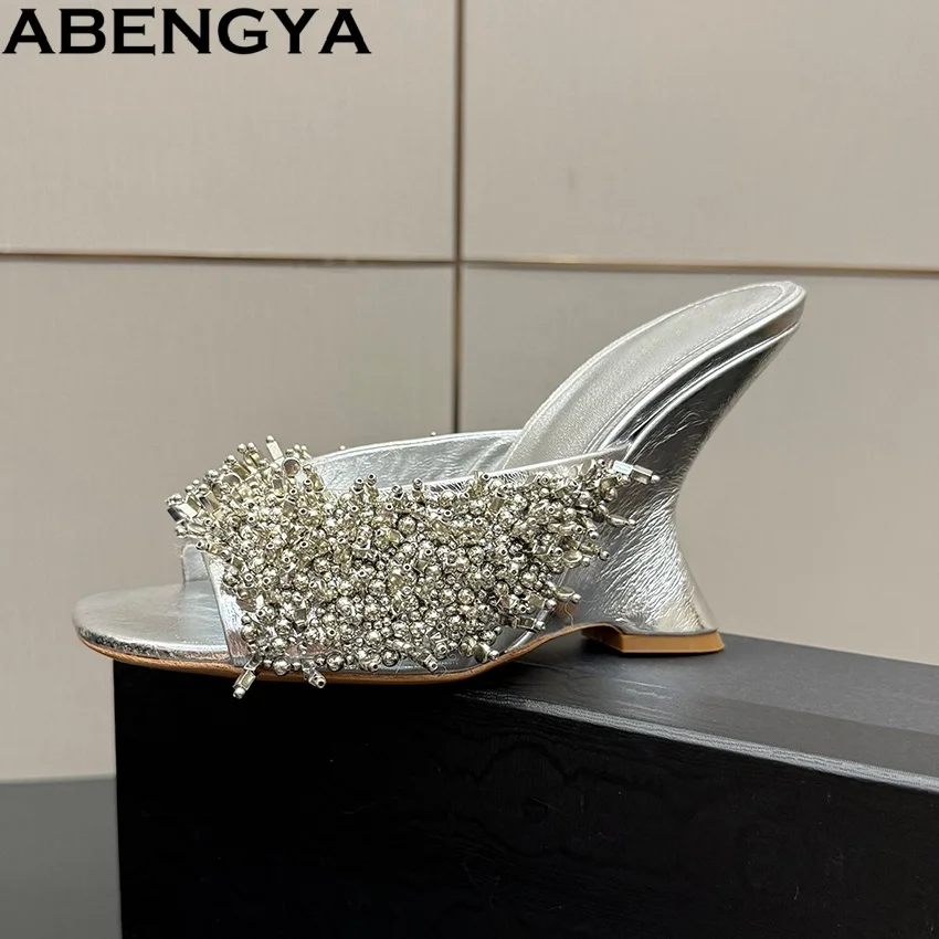 

Summer Wedges Heels Slides Gold Leather Women's Modern Slippers High Heel Party Shoes Women String Beading Gladiator Sandals