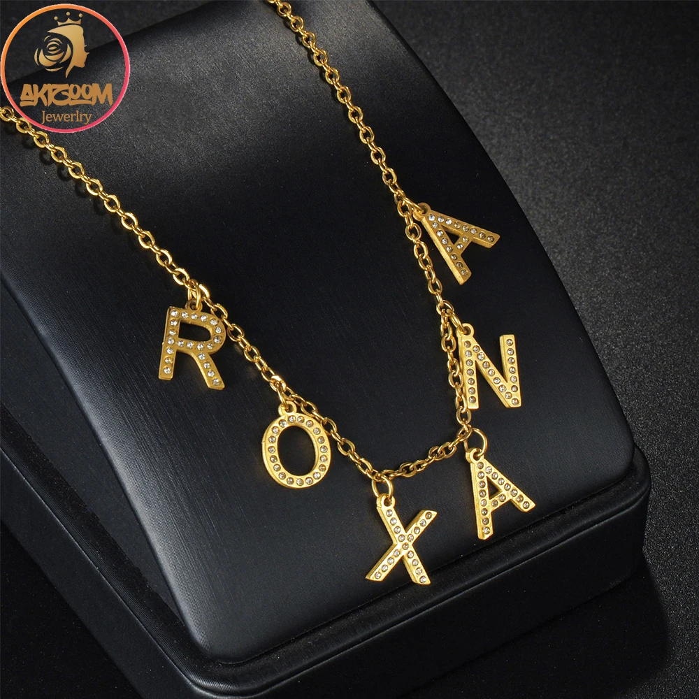 

Akizoom Custom Family Names Necklaces Multiple Zircon Letters Pendant Stainless Steel Thick Chain for Women Man Jewelry Gift