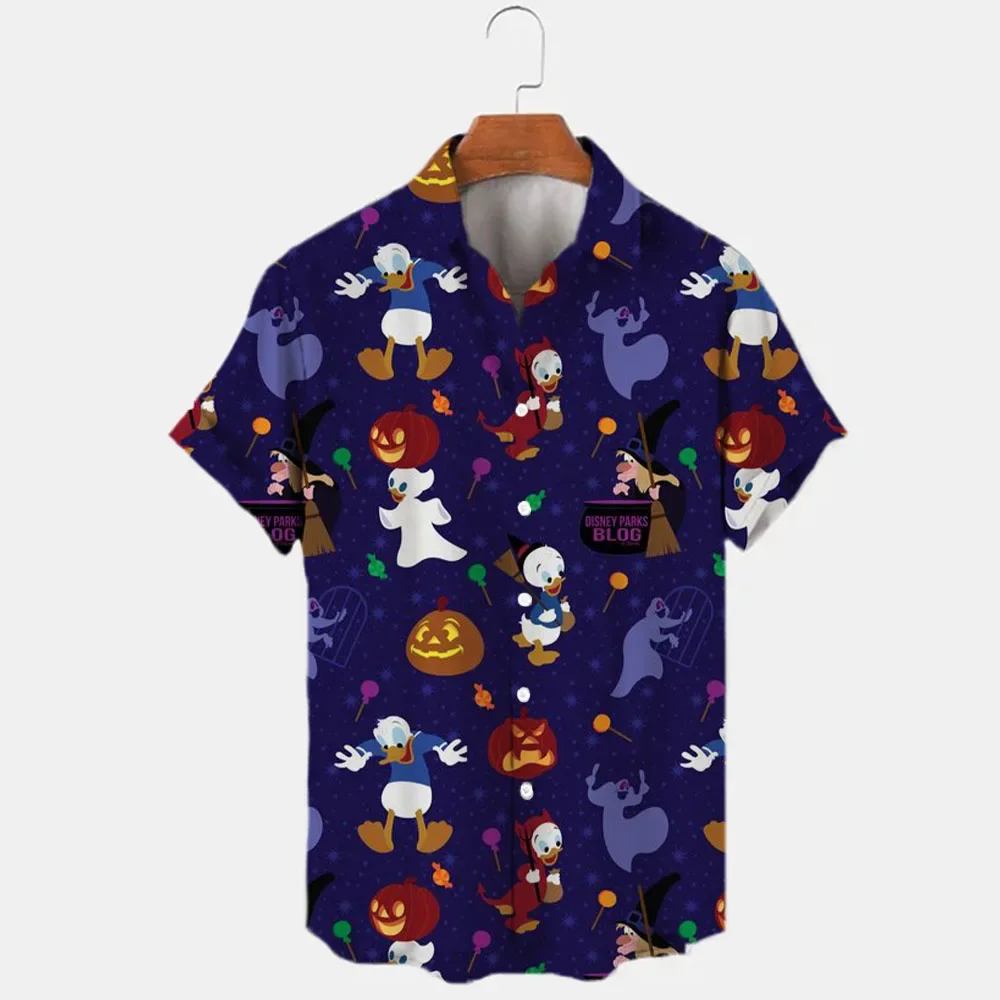 2022 New Halloween Collection Disney Brand Mickey Anime 3D Printed Men\'s Lapel Short Sleeve Slim Fit Hawaiian Shirt Y2k