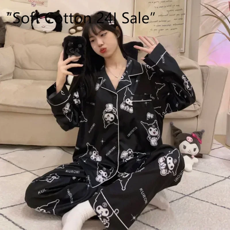 

Black Kulomie women's pajamas, spring and summer cartoon cute long-sleeved trousers two-piece set, Kulomie loungewear