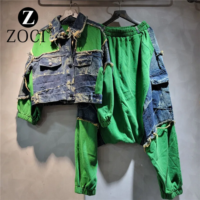 [ZOCI] Trendy Autumn New Splicing Color Contrasting Vintage Jacket Pants Two Piece Set