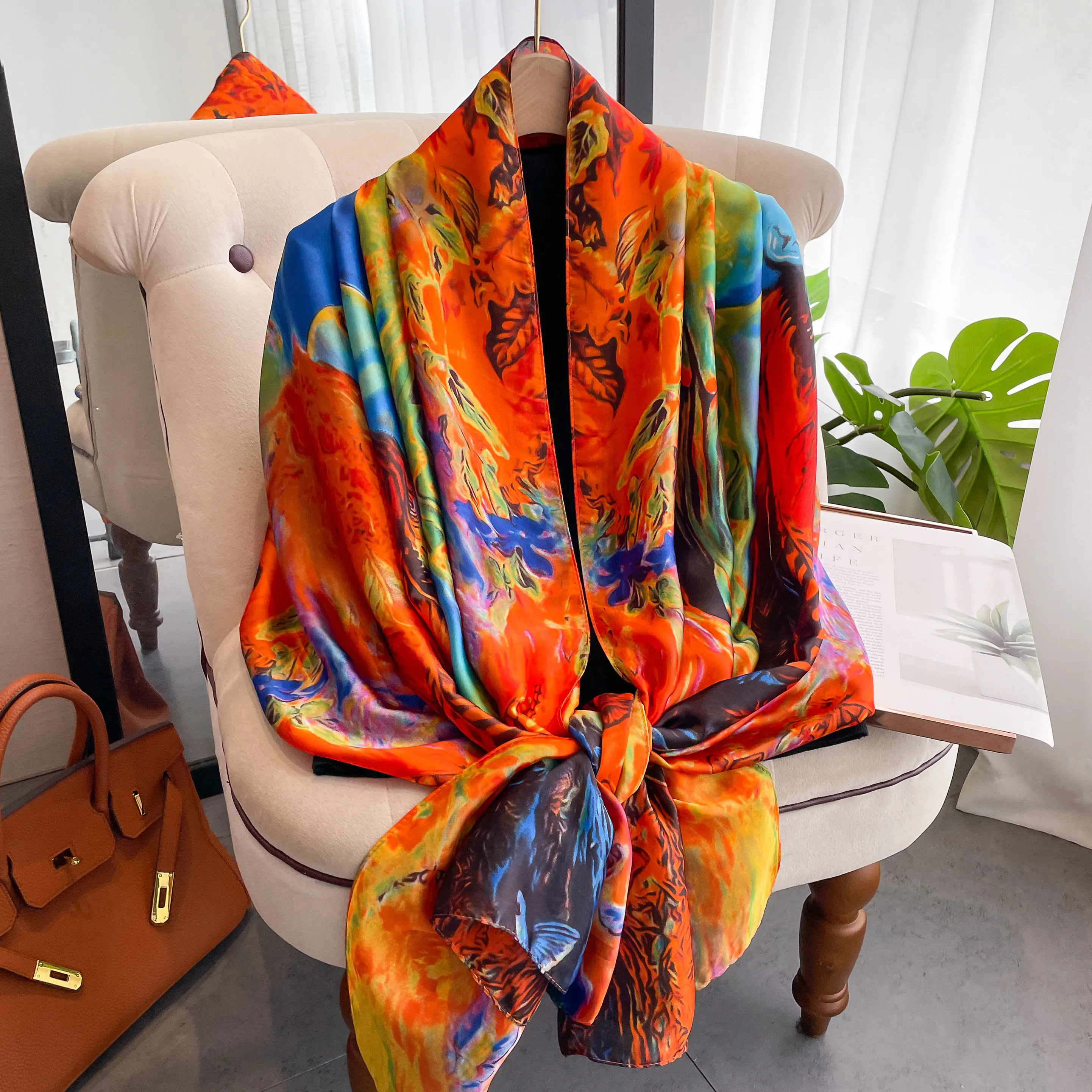 2024 Style 180*90CM Fashion Dustproof Big Bandanna Popular Satin Finish Silk Shawls Scarves Luxury Print Sunscreen Beach Towel