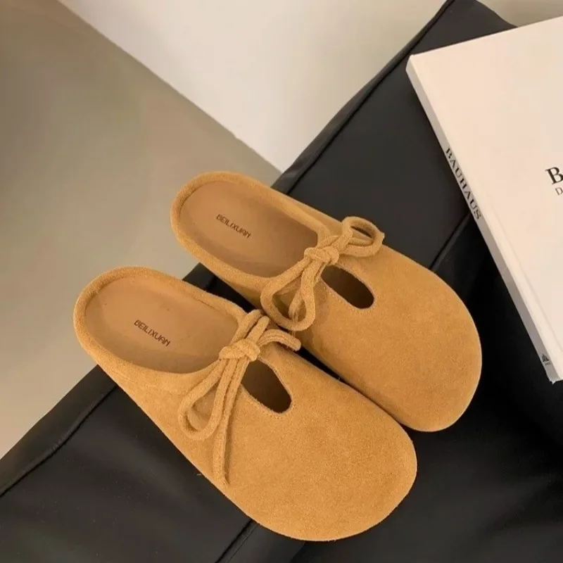 

Autumn New Baotou Slippers Women Fashion Round Head Deep Mouth Butterfly Knot Inside High and Low Upper Shoes