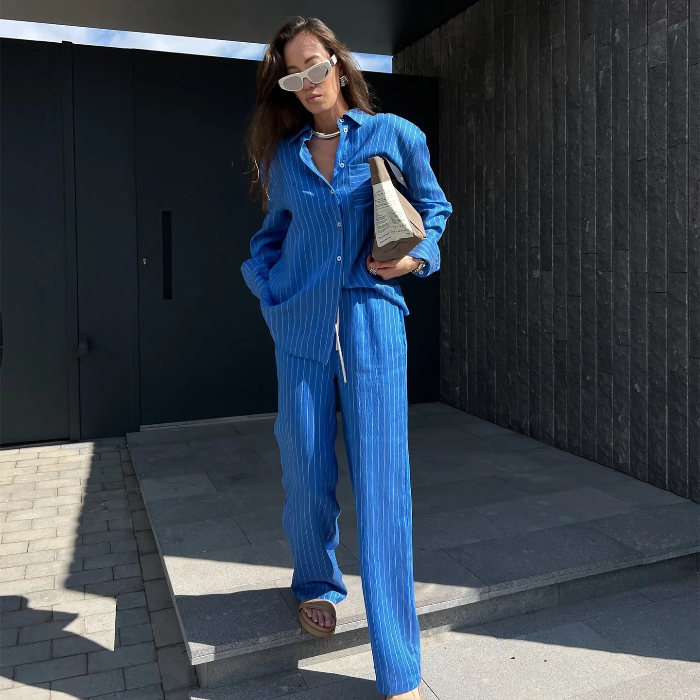 

PB&ZA2025pocket decoration striped lapel shirt + elastic waist striped trousers suit summer new women's clothing