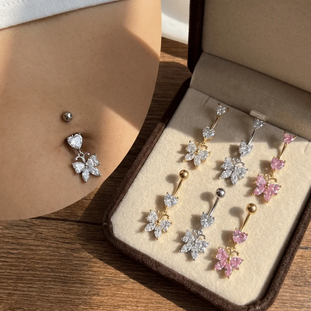 Elegant Butterfly Belly Button Rings Delicate Zircon Navel Piercing Rings Curved Barbell Heart Shape Belly Clicked Piercing