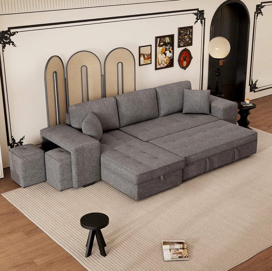 ！@Modern Square 3 Seat Reversible Sectional Sofa Set Pull Out Sleeper with Storage Chaise 2 Stools for Apartment Living Room