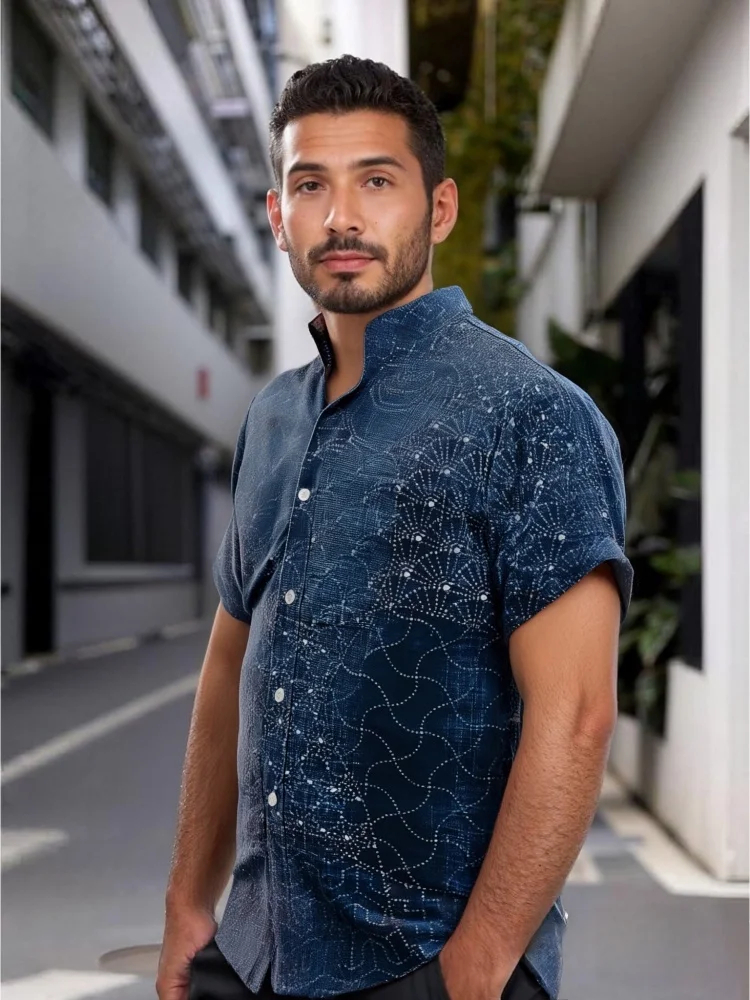 สํานักงานสวมใส่ผู้ชายญี่ปุ่นแบบดั้งเดิม Sashiko Art Vintage พิมพ์เสื้อลําลองฤดูร้อนปุ่มแขนสั้น Chic Tops