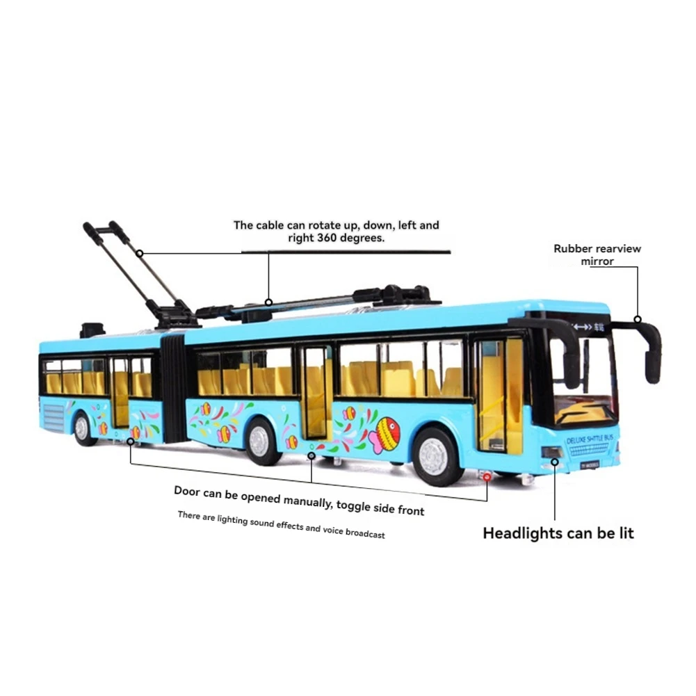 Wysoka symulacja 1:50 Alloy Pull Back Double Bus City Bus Model Pojazdy Metal Diecasts Migające muzyczne zabawki chłopięce Niebieski