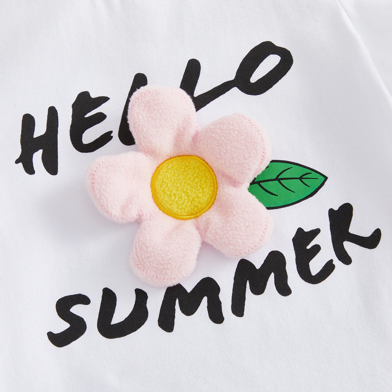 1-7Y Kids Girls Shorts Set Short Sleeve Crew Neck 3D Flower T-shirt with Denim Shorts Summer Kids Outfit Set