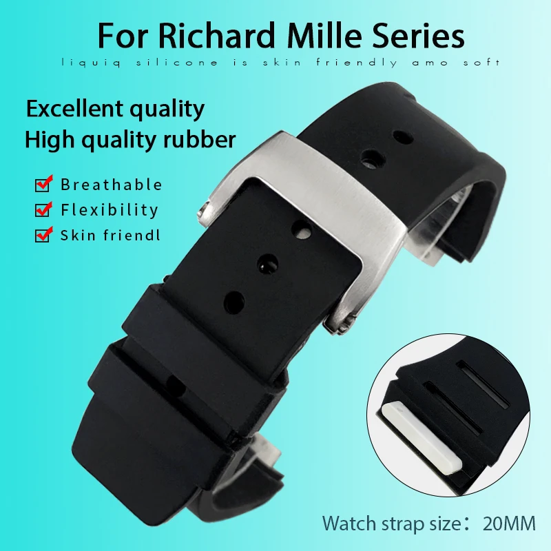 20mm High Quality Rubber Watchband Fit for Richard Mille Black Blue Red Green Yellow Gray Waterproof Silicone Watch Strap