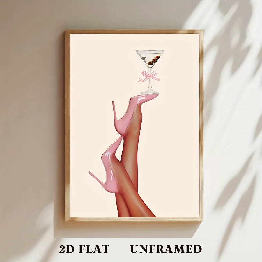 Elegant Pink High Heel Canvas Art Print - 2D Flat, Unframed Wall Decor with Martini Glass & Floral Accents, Ideal for Bedroom, L