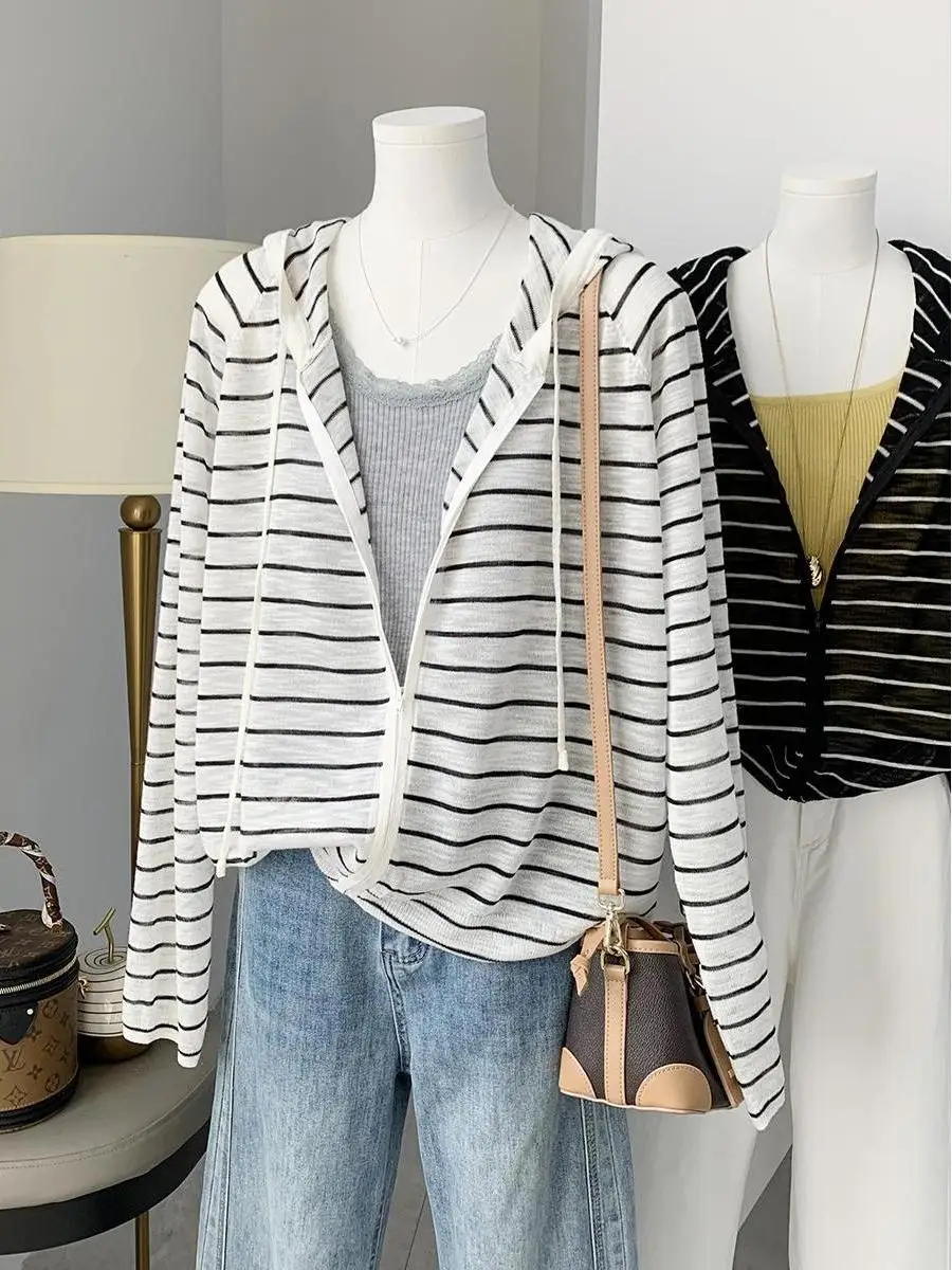 plus Size Striped Hooded Knitted Sun Protection Cardigan Women's Summer Thin Loose Casual Sunscreen Outerwear Trendy