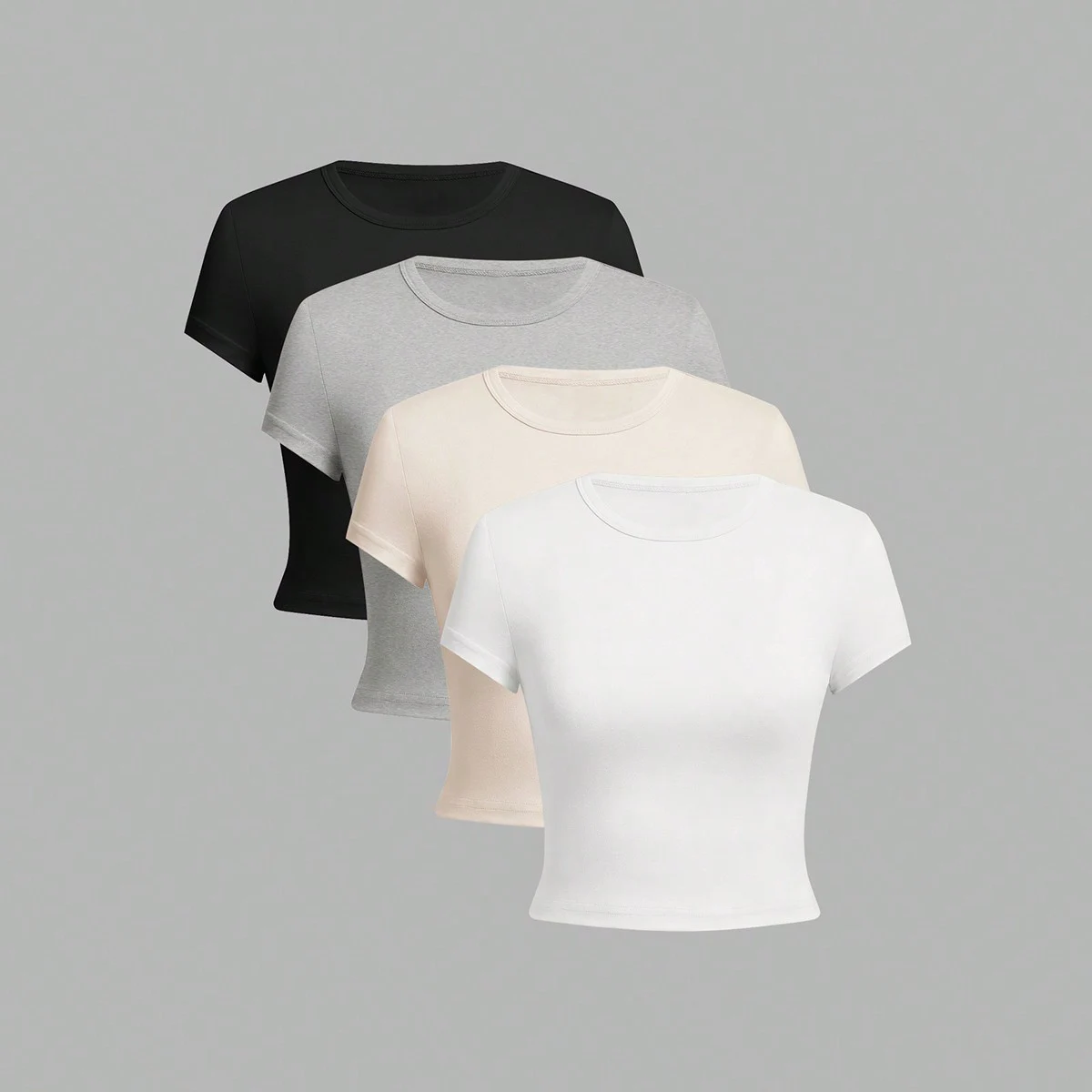 4-częściowy, jednokolorowy, podstawowy, obcisły T-shirt z krótkim rękawem dla kobiet, swobodny, letni, minimalistyczny, koreański styl, pełny top, dekolt w kształcie litery "o"