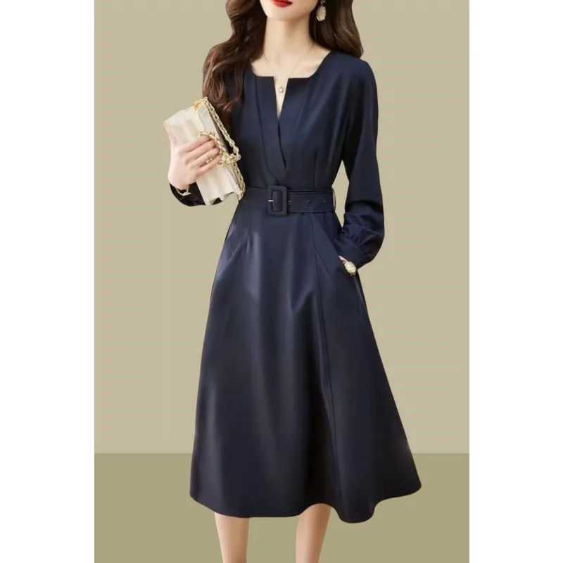 

Waist V-neck Solid Color Belt Long-sleeved Pullover Fashionable Elegant Casual Women's Dress