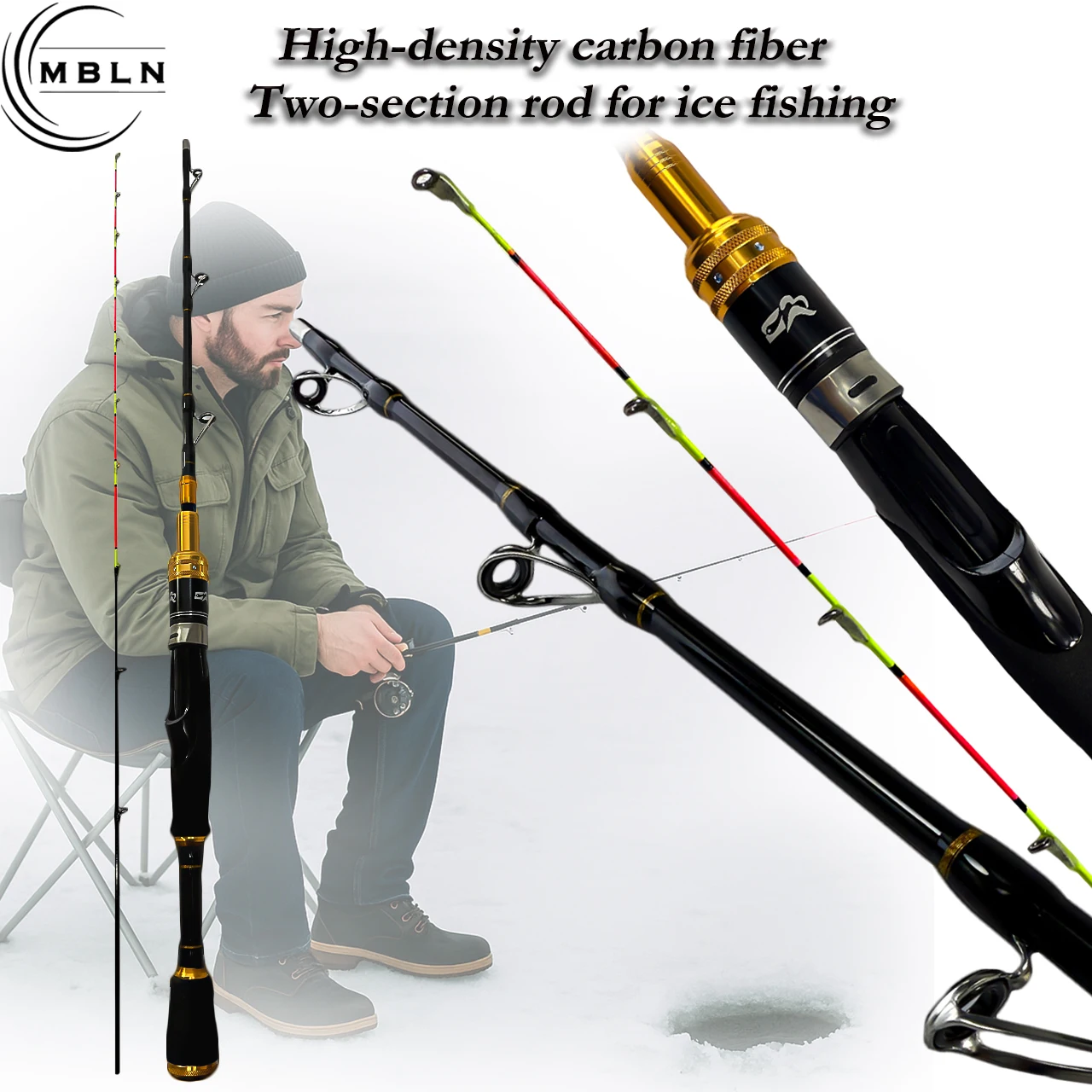 Caña de pesca en hielo de carbono – 2 secciones, guías metálicas - imagen 2