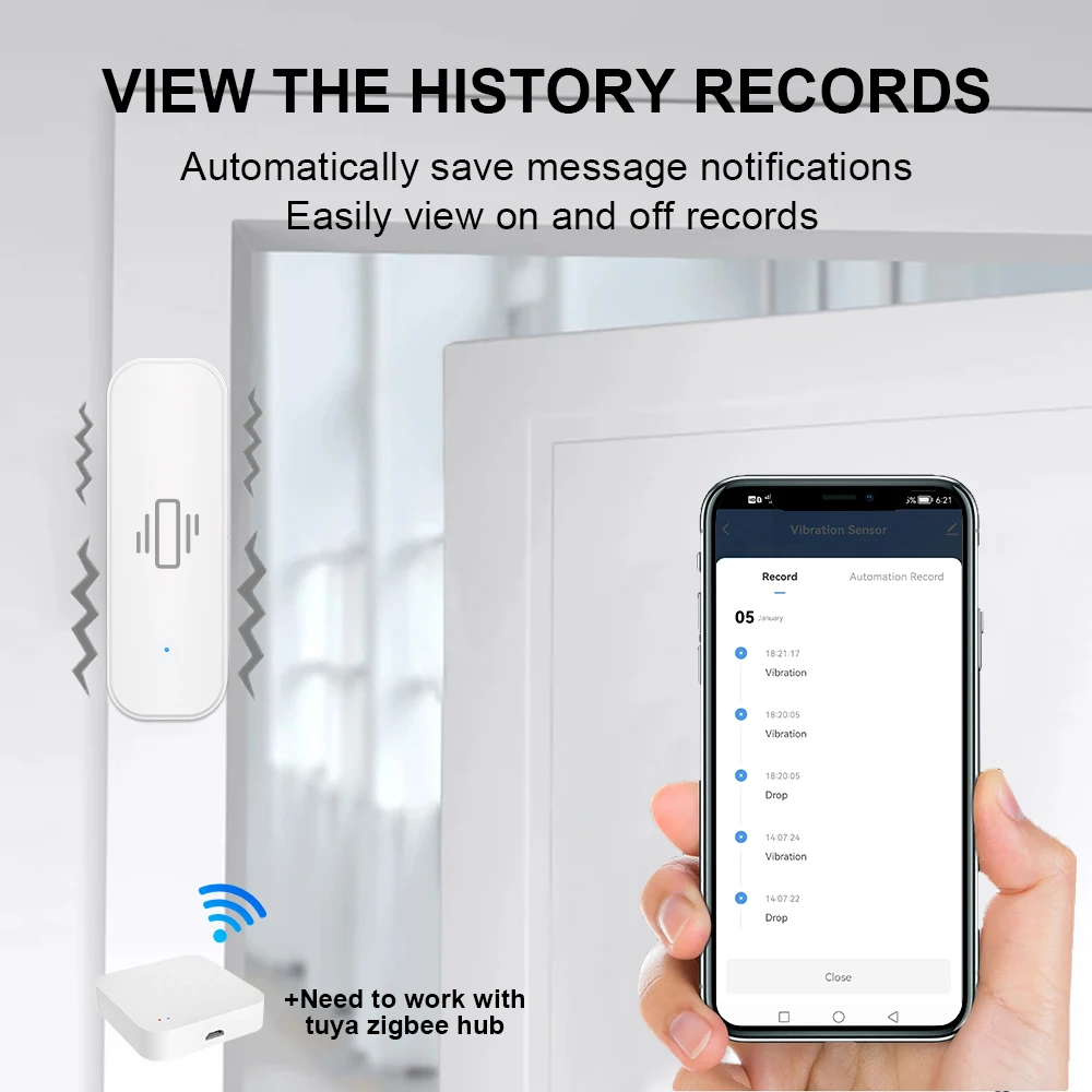 Zigbee Smart Vibration Sensor Detection Tuya Smart Life APP Notification Real-Time Motion Shock Alarm History Record