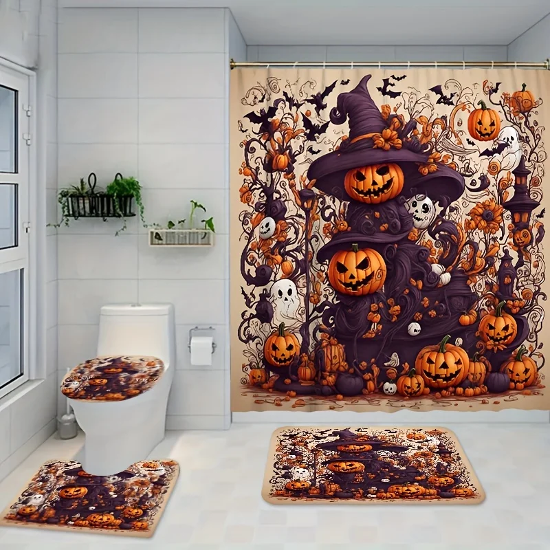 Halloween Shower Curtain Set with Hooks, Machine Washable Polyester Bathroom Decor, Cartoon Ghost and Pumpkin Horror Theme - 1PC