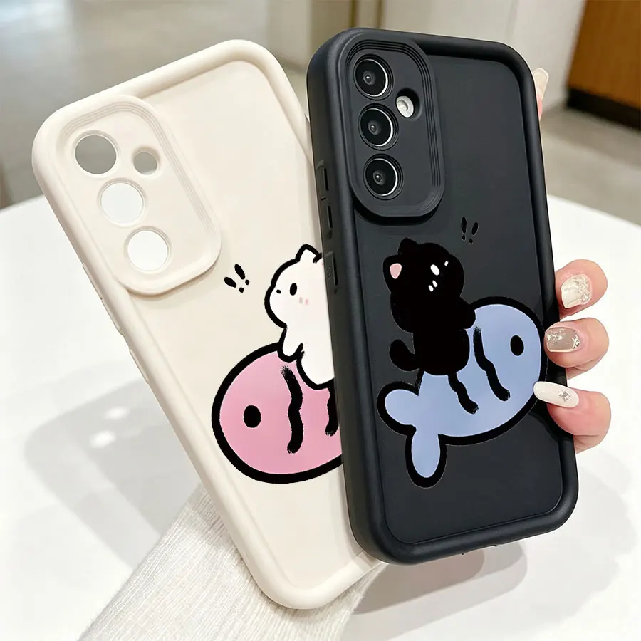 Kawaii Cat Riding Fish Couple Case For Samsung Galaxy S26 S25 S24 S23 S22 Ultra FE Plus A06 A07 A16 A17 A26 A36 A55 A56 A57 5G