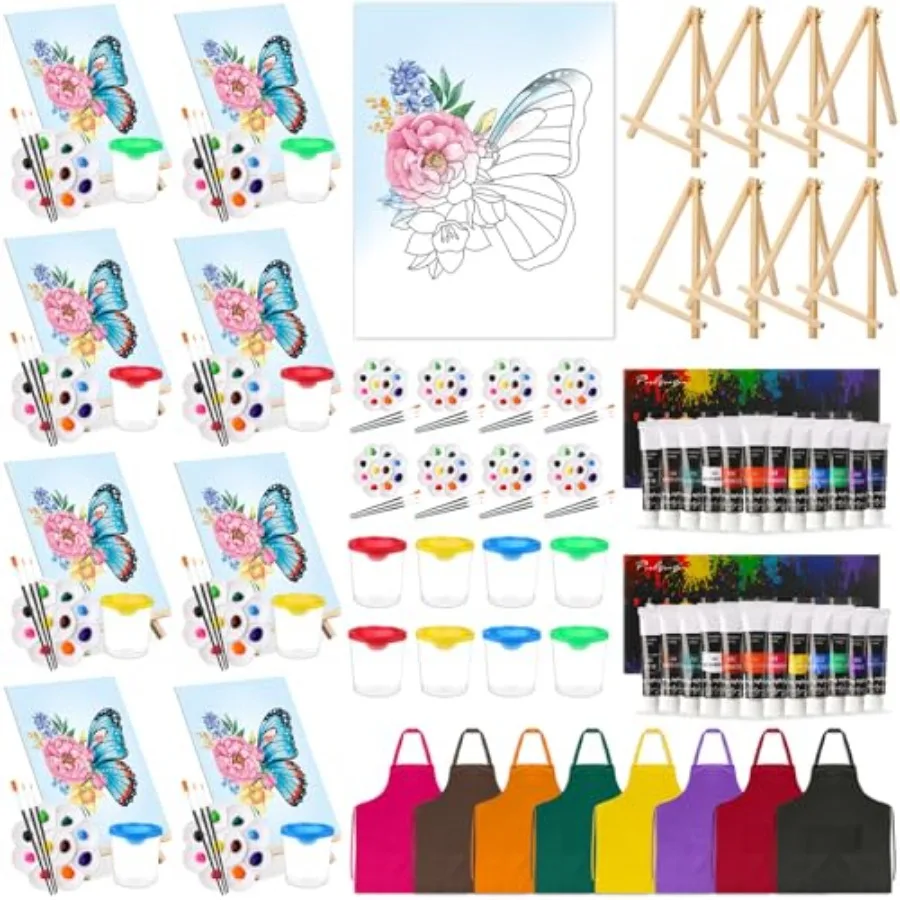 8 Set Paint and Sip Kit for Adults 8'' x 10'' Pre Drawn Canvas with Wooden Easels Acrylic Paint Brushes Wash Cup Palette Apron