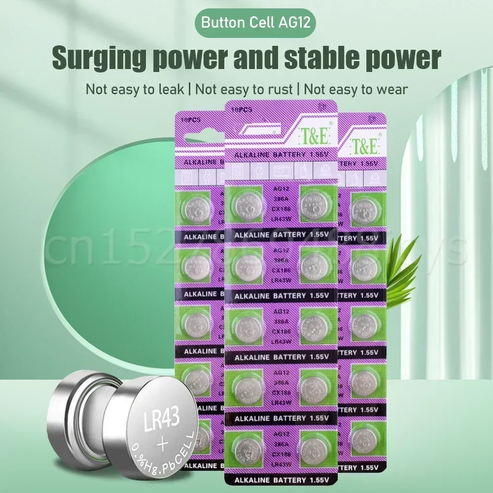 Alkaline Button Cell Battery AG12 LR43 1.55V 10PCS, 386 186 SR43 SR43W V12GA LR1142 SR1142 For Watch Calculator Toy Remote