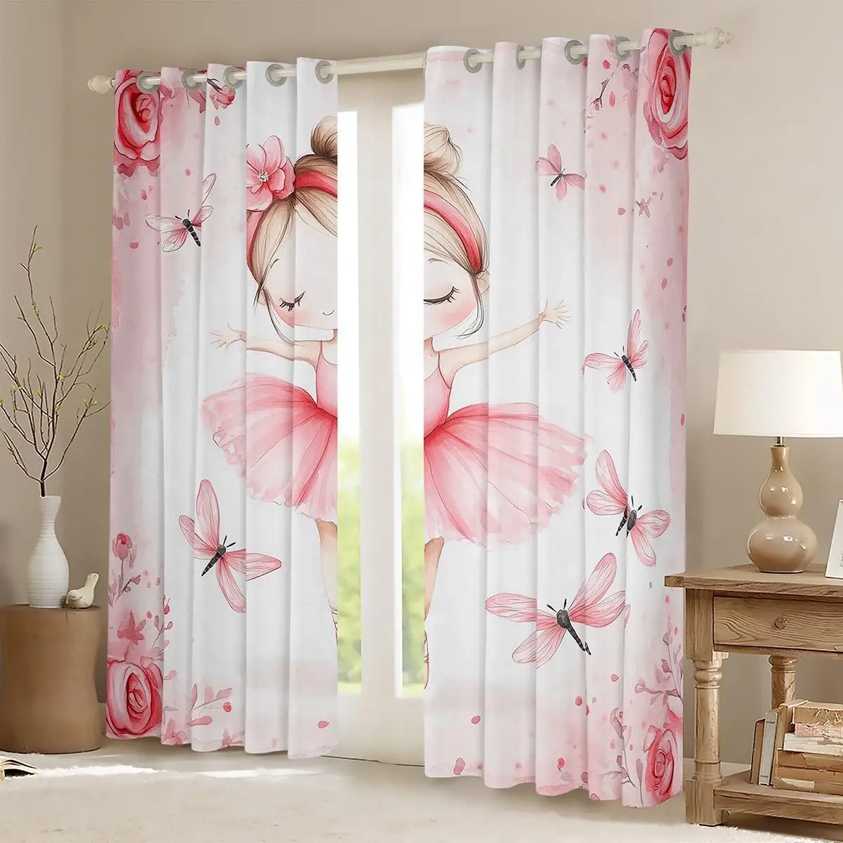 Princess Ballerina Floral Butterfly Curtains Pink Nursery Room Backdrop Cute Girls Bedroom Window Curtain Home Decor Window Trea