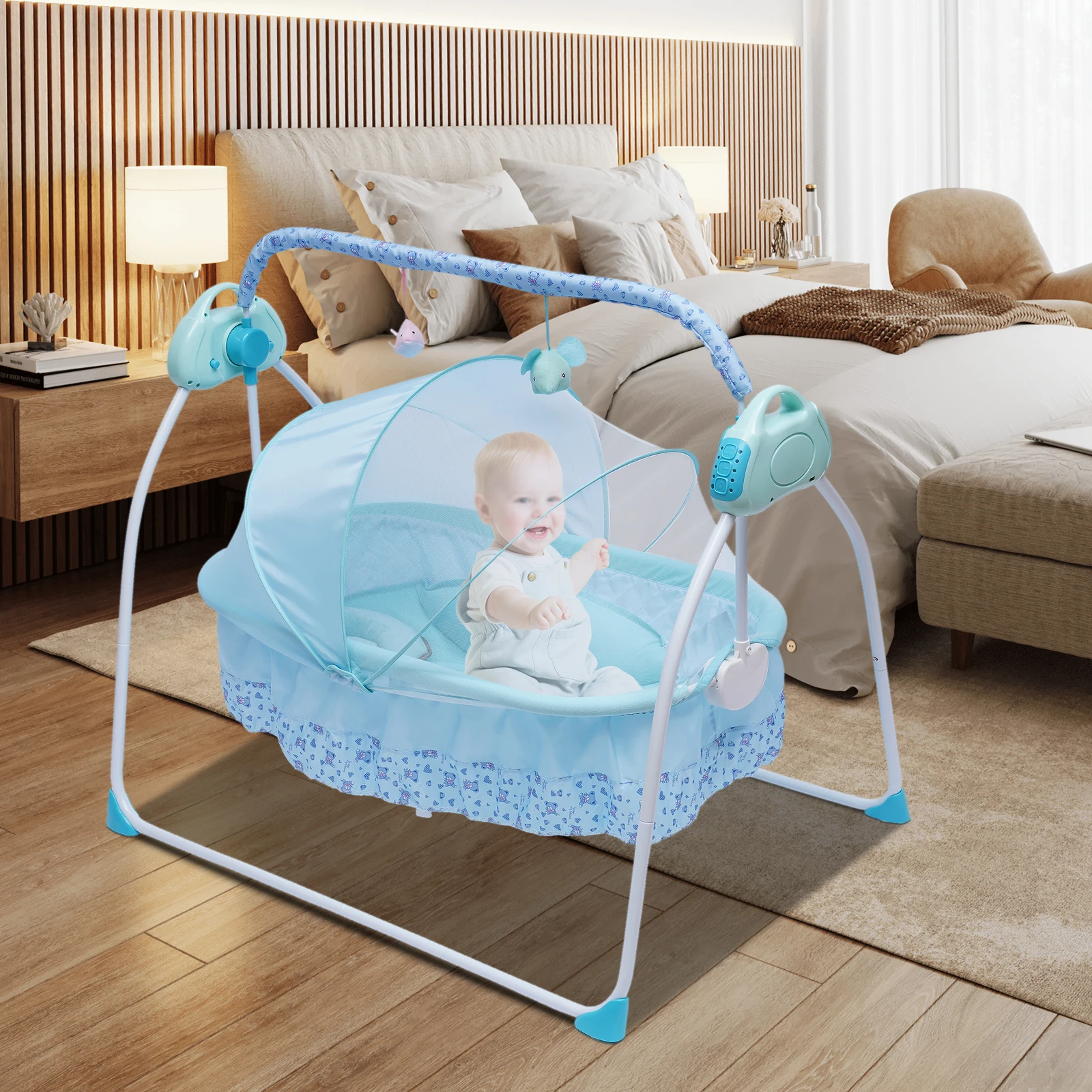 5 Swing Speeds Baby Cradle Swing with Controller   Bluetooth&USB Connection Timing Function Blue