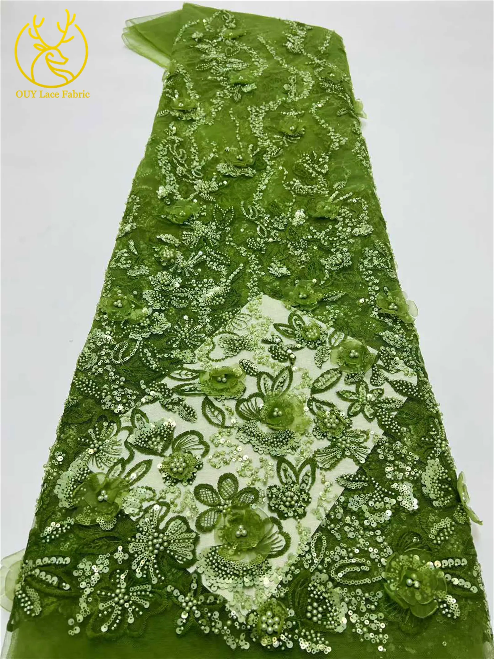 Luxuriöser afrikanischer Spitzenstoff mit Pailletten und Perlen, 2026, Premium-Qualität, grüner französisch-nigerischer bestickter Spitzenstoff, Partykleid, 5 Yards – Detail 15