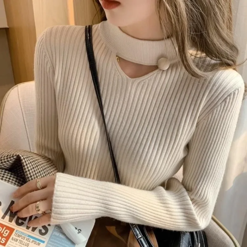 2024 Women's Sweet Girly Style Half-High Collar Openwork Knitwear for Outerwear and Layering