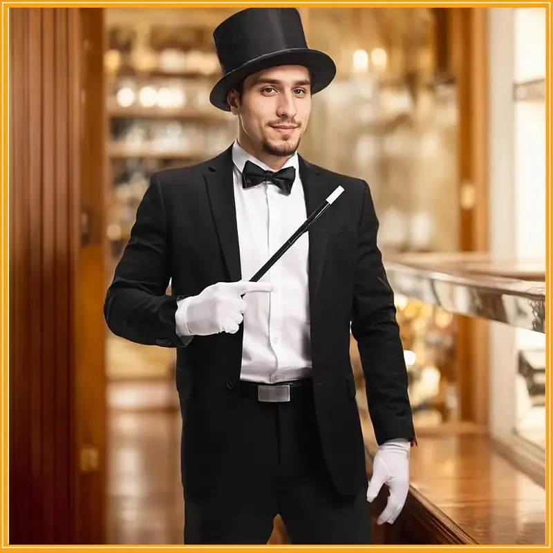Zauberer Rollenspiel Cosplay Kostüme Outfit Halloween Zauberer Herren Jazz Hut mit Fliege Handschuhe Smoke Rod Prop Sets