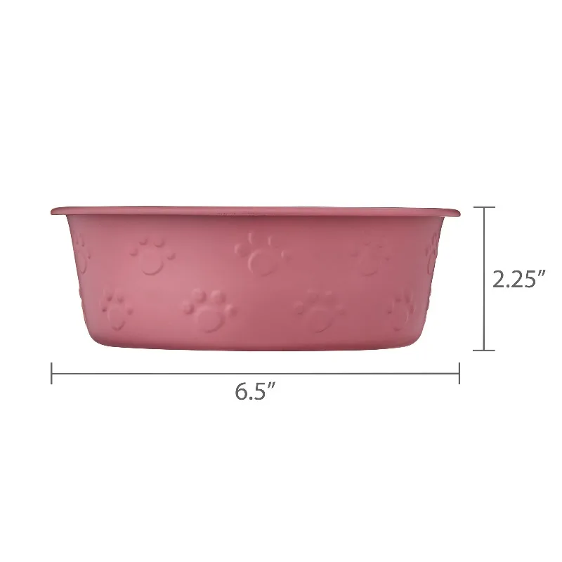 Medium Stainless Steel Embossed Dog Bowl, Pink Paws，Embossed pink paws design adds playful personality.