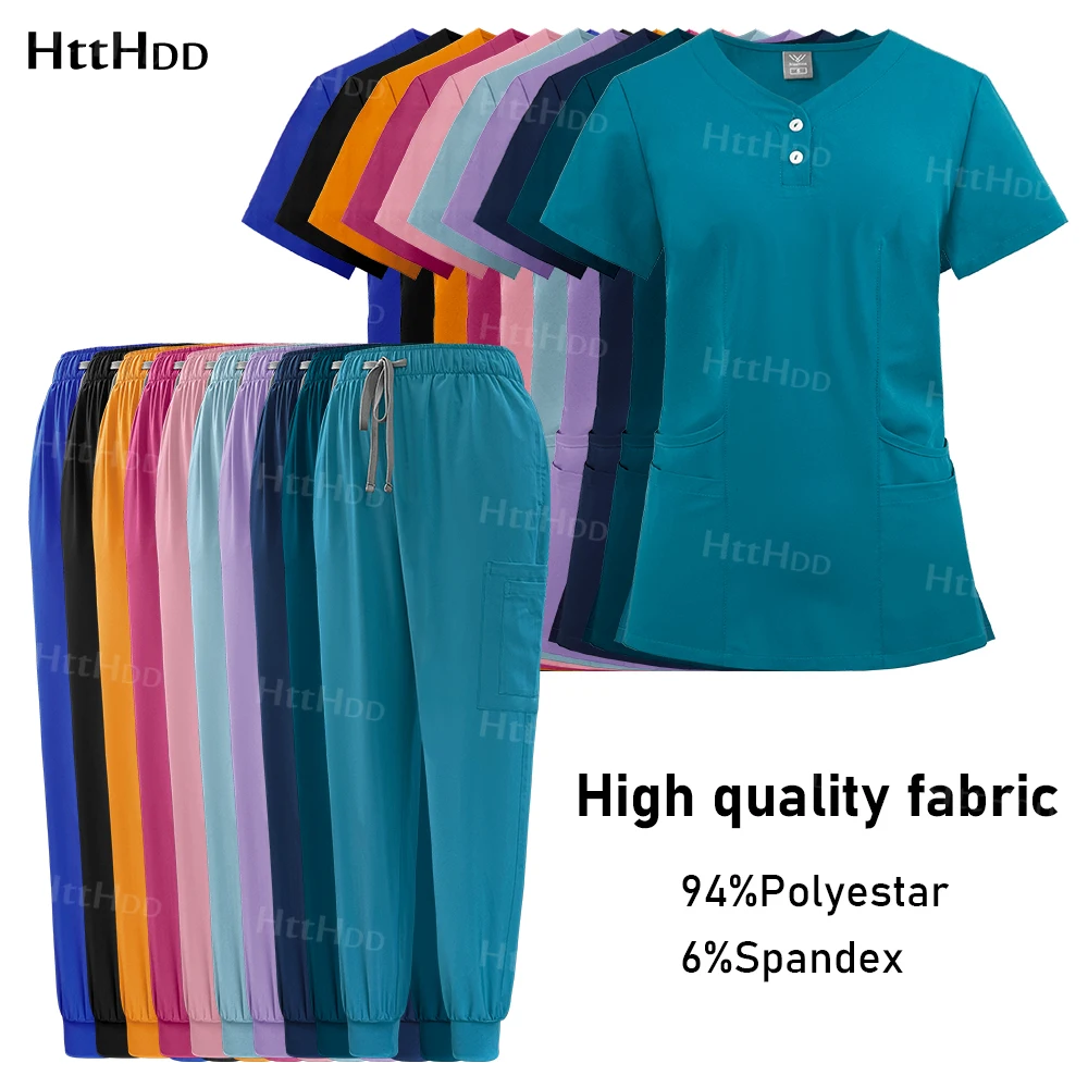 Uniforme de manga curta para mulheres, esfoliante multicolorido, tops e calças, Pet Shop, médico, esfoliante, cirurgia médica Workwear, Beauty Spa Uniformes