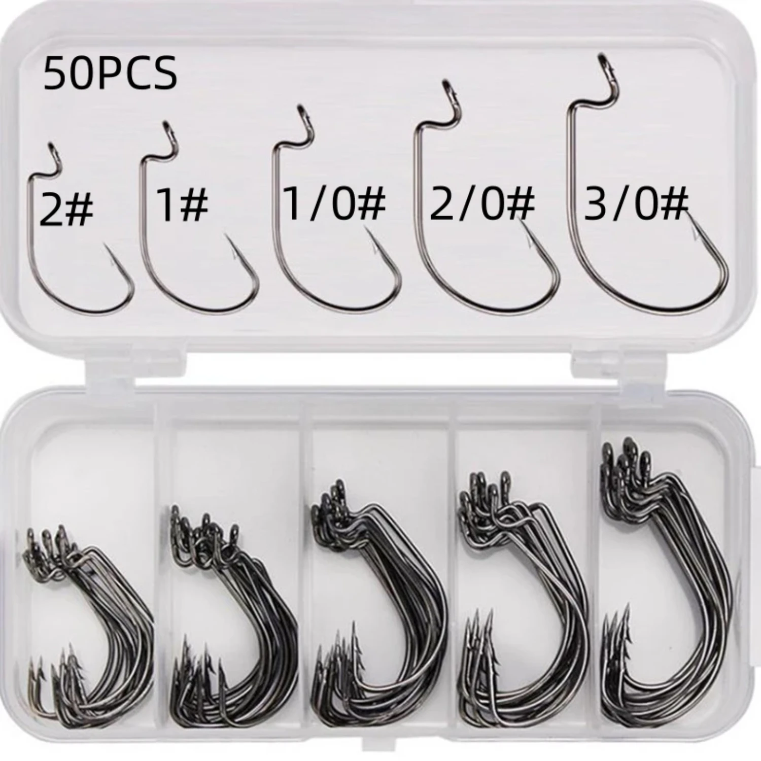 50Pcs Box Fishing  Set Jig Crank Barbed Hook High Carbon Stainless Steel Wide Gap Offset Fishhook Soft Worm Sea Hook Tackle