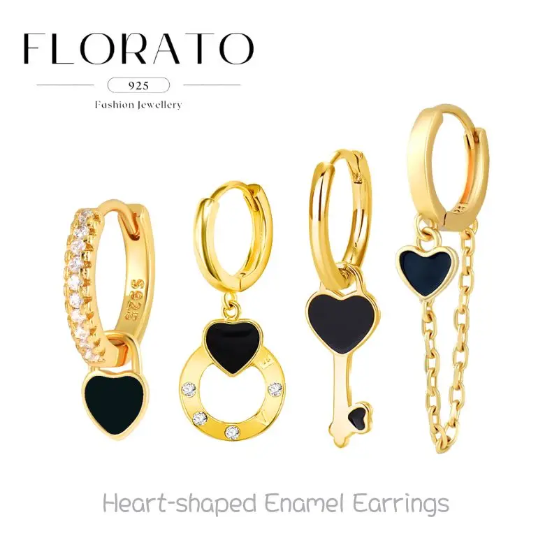 

925 Silver Needle Heart-shaped Enamel Pendant Micro-paved Zircon Hoop Earrings Pierced Metal Fashion High-end Wedding Jewelry