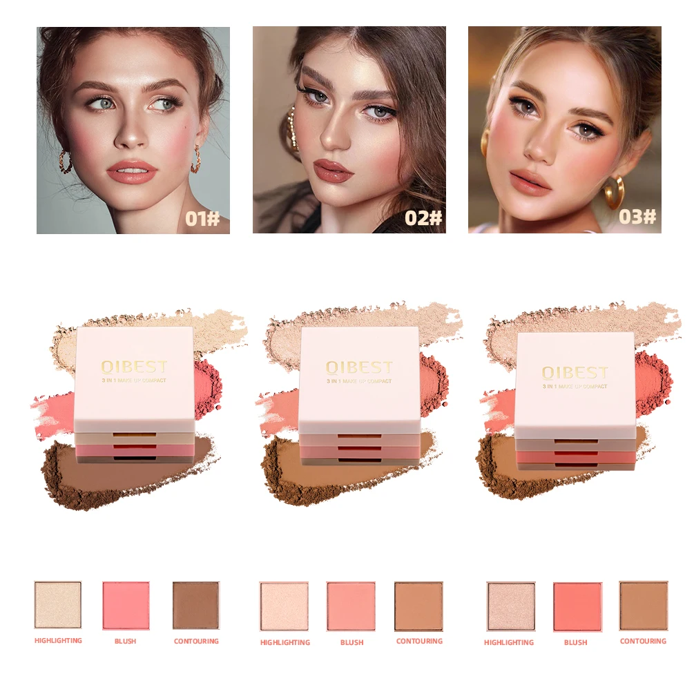 QIBEST New 3 In 1 Highlighter Contouring Blush Palette Matte Pearlescent Eyeshadow All-in-one Palette Brightening Skin Cosmetics