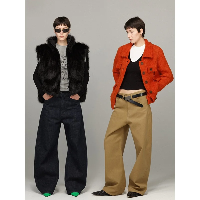 

ACSENSE STUDIO, свободные широкие джинсы, повседневные джинсовые брюки цвета хаки, оригинальные джинсовые брюки цвета хаки с витой строчкой, женская мода