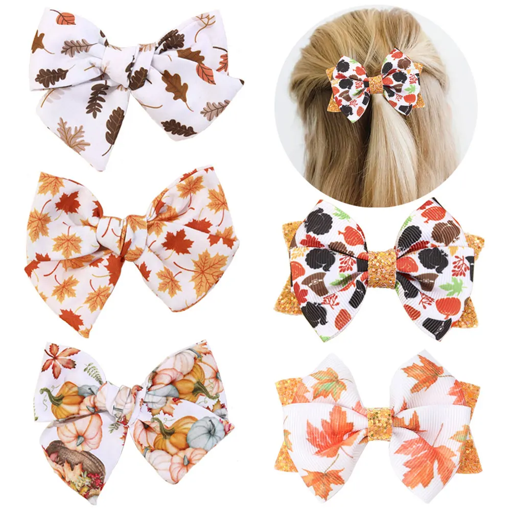 1/2PCS Thanksgiving Maple leaf Hair Clips Girls Grosgrain Ribbon Pumpkin Print Hairpins Headdress Kids Hair Accessories